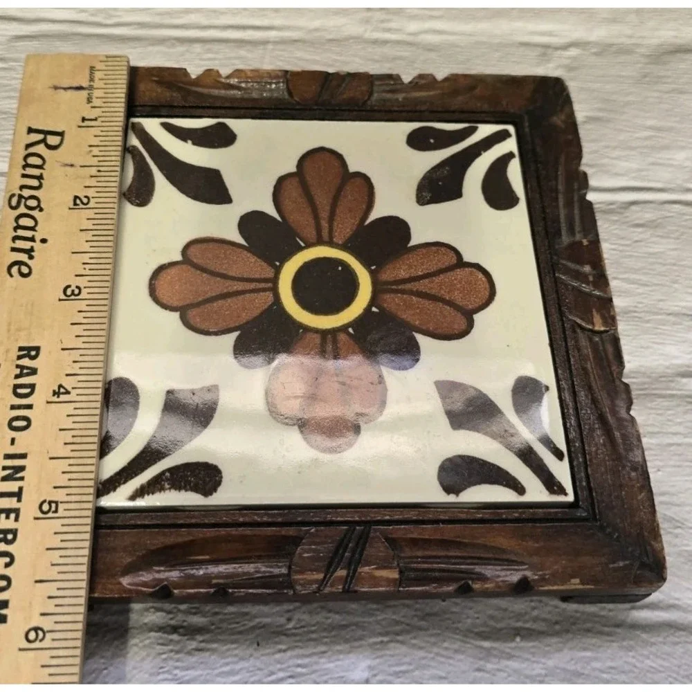 Vintage 1970s Footed Trivet With Wood Frame And Center Tile Design From Mexico
